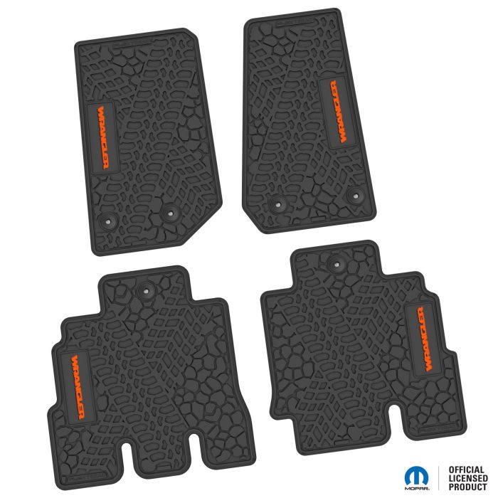 14-18 Jeep JKU 4 Dr Front and Rear -Tire Tread/Scorched Earth Scene w/ Wrangler Insert - Black w/ Orange Insert
