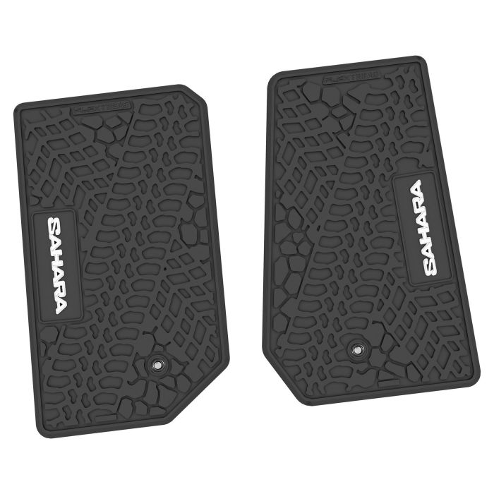 FlexTread  Tire Tread/Scorched Earth Scene Front Floor Liners with SAHARA Logo for 07-18 Jeep Wrangler JK