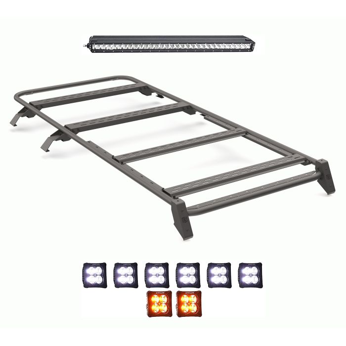 2021+ Ford Bronco 4DR Modular Roof Rack w/x6 3" White LED's,  x2 3" Amber LED Pod Lights, 30" Rear Single Row LED Bar