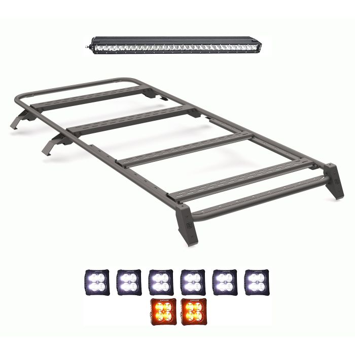 2021+ Ford Bronco 4DR Modular Roof Rack w/x6 3" White LED's,  x2 3" Amber LED Pod Lights, 30" Rear Single Row LED Bar