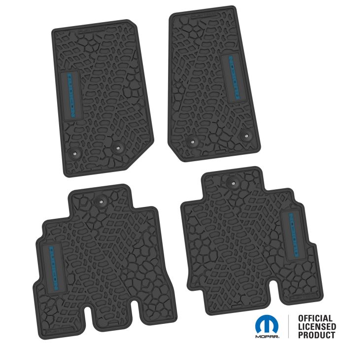 14-18 Jeep JKU 4 Dr Front and Rear -Tire Tread/Scorched Earth Scene w/ Rubicon Insert - Black w/ Dark Blue Insert