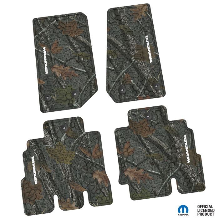 14-18 Jeep JKU 4 Dr Front and Rear -Tire Tread/Scorched Earth Scene w/ Wrangler Insert - Rugged Woods w/ White insert