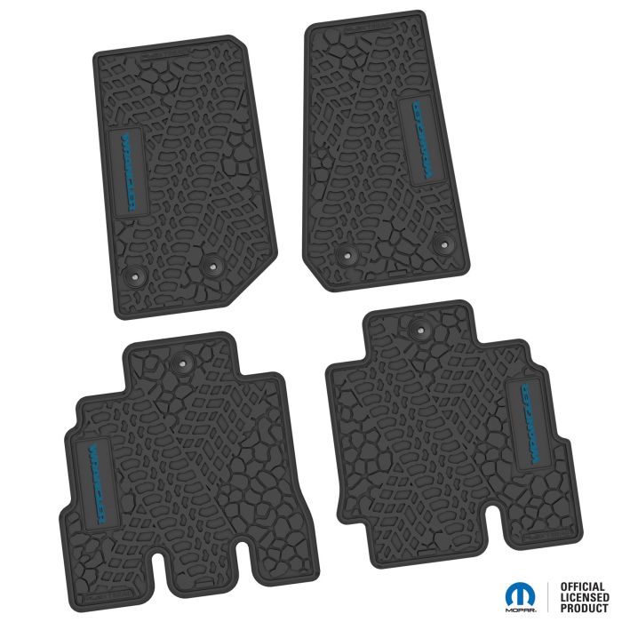 14-18 Jeep JKU 4 Dr Front and Rear -Tire Tread/Scorched Earth Scene w/ Wrangler Insert - Black w/ Dark Blue Insert