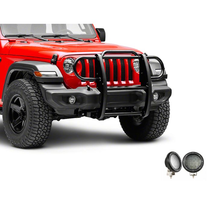 Black Horse Off Road 17JPJLMA-PLFB Grille Guard with 5.3" Round LED Lights for 18-23 Jeep Wrangler JL & Gladiator JT