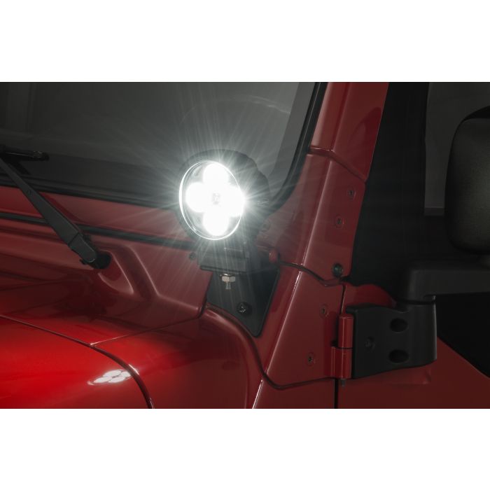Quadratec  4" Round LED Lights with Wiring Harness & Windshield Mount Brackets for 97-06 Jeep Wrangler TJ & Unlimited