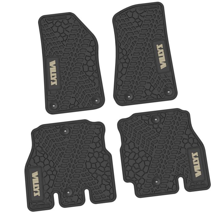 FlexTread  Tire Tread/Scorched Earth Scene Front & Rear Floor Liners with WILLYS Logo for 18-24 Jeep Wrangler JL Unlimited 4-Door
