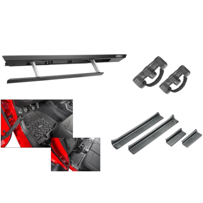 RSE Side Steps w/ Quadratec Ultimate FR/RR Liner, Entry guard, BLK Grab Handle Wrangler 24+ JLU