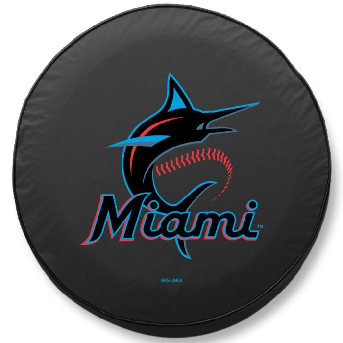 Miami Marlins Tire Cover - Size J - (27"x8") on Black Vinyl