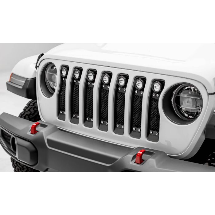 T-Rex 6314931 Torch Series Black Mesh Grille with Chrome Studs and (7) 2" Round LED Lights for 18-19 Jeep Wrangler JL