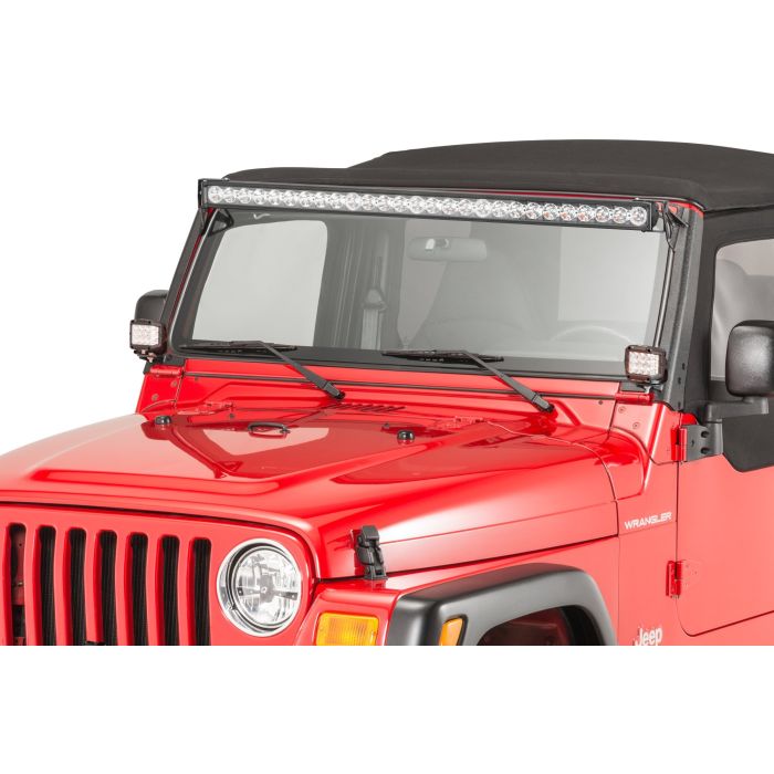 Quadratec  Windshield Light Bar Brackets with J5 LED Light Bar & Carnivore J-Series Auxiliary Pod Lights for 97-24 Jeep Wrangler TJ, JK, JL & Gladiator JT