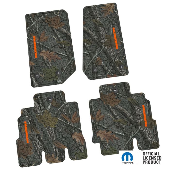 14-18 Jeep JKU 4 Dr Front and Rear -Tire Tread/Scorched Earth Scene w/ Rubicon Insert - Rugged Woods w/ Orange insert