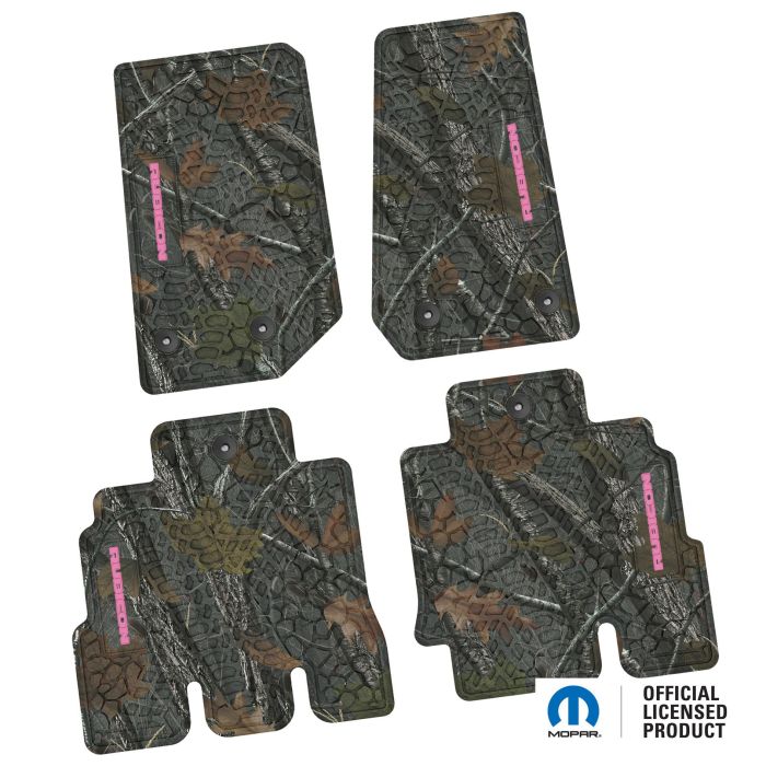 14-18 Jeep JKU 4 Dr Front and Rear -Tire Tread/Scorched Earth Scene w/ Rubicon Insert - Rugged Woods w/ Pink insert