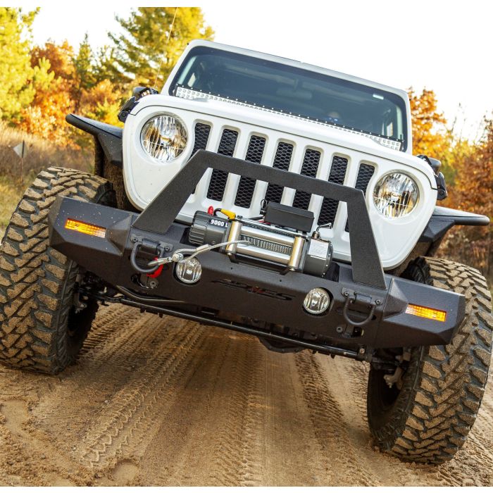 Aries  TrailChaser Front Bumper with Turn Signal Corner End Caps & Grille Guard for 18-20 Jeep Wrangler JL Unlimited & Gladiator JT