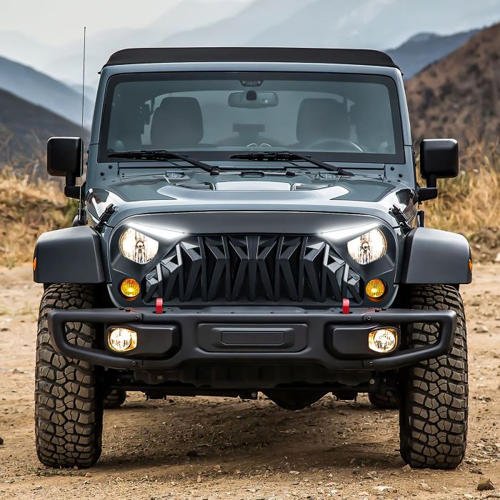 Shark Grille  w/ LED Eyebrow DRL and Turn Signals, Matte Black  Wrangler - JK