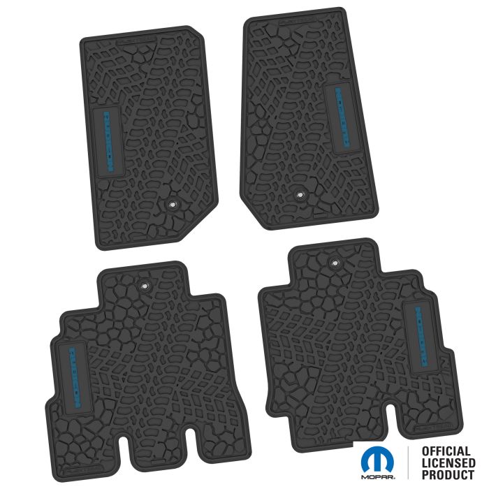 07-13 Jeep JKU 4 Dr Front and Rear -Tire Tread/Scorched Earth Scene w/ Rubicon Insert - Black w/ Dark Blue Insert