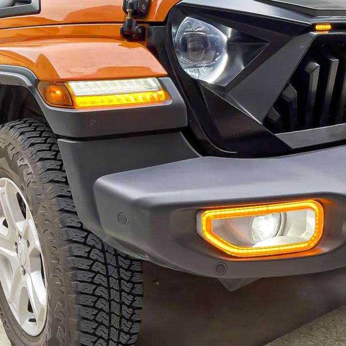 American Modified AMJPCC00802 LED Front Bumper Fog Light Covers W/ Turn signal for 18-26 Jeep Wrangler JL & Gladiator JT