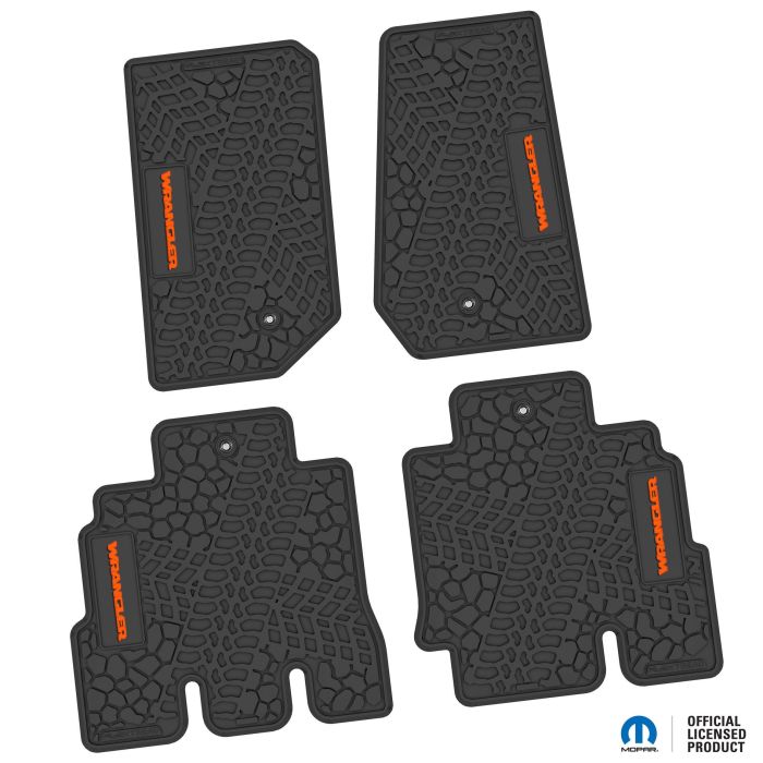 07-13 Jeep JKU 4 Dr Front and Rear -Tire Tread/Scorched Earth Scene w/ Wrangler Insert - Black w/ Orange Insert