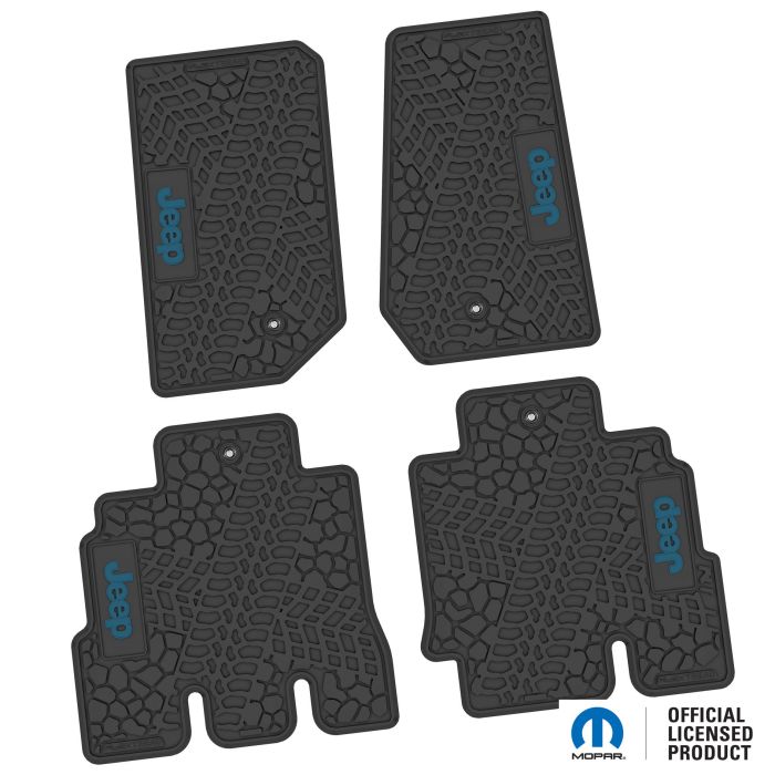 07-13 Jeep JKU 4 Dr Front and Rear -Tire Tread/Scorched Earth Scene w/ JEEP Insert - Black w/ Dark Blue Insert