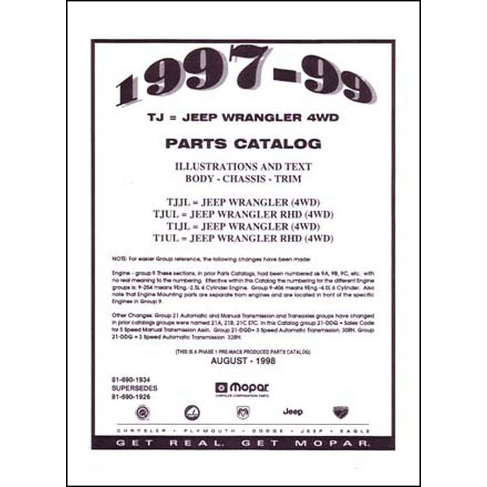 Bishko Automotive Literature  Factory Authorized Parts Catalog for 97-00 Jeep Wrangler, Cherokee & Grand Cherokee Jeeps