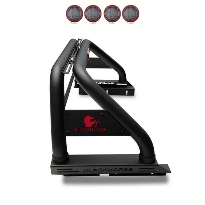 Black Horse Classic Roll Bar Kit Black Tonneau Cover Compatible w/2 sets of 5.3" Round Flood Red LED Light 20-23 JT