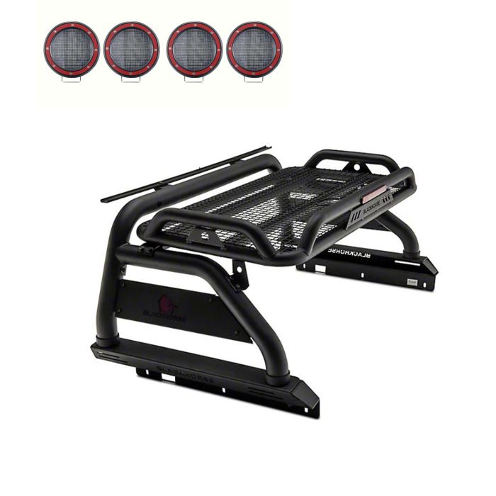 Black Horse Atlas Roll Bar Kit Black w/5.3” Red Round Flood LED Lights 20-23 JT