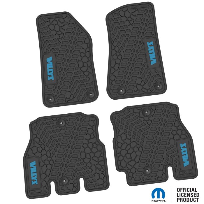 18-24 Jeep JLU 4 Dr Front and Rear -Tire Tread/Scorched Earth Scene w/ Willys Insert - Black w/ Light Blue Insert