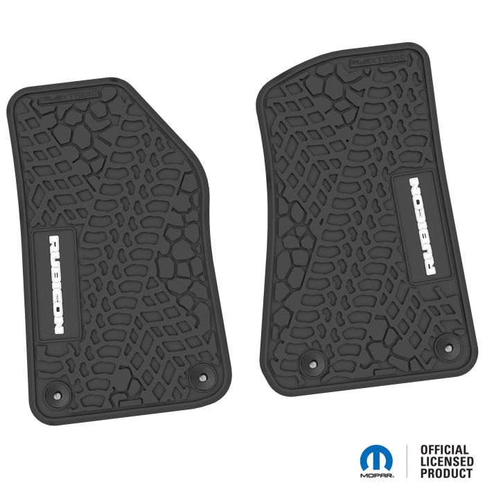 FlexTread  Tire Tread/Scorched Earth Scene Front Liners with RUBICON Logo for 18-24 Jeep Wrangler JL and Gladiator JT