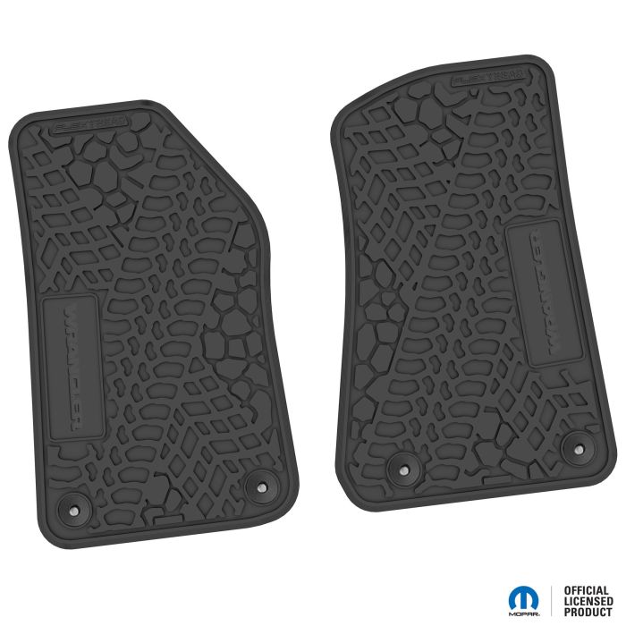 FlexTread  Tire Tread/Scorched Earth Scene Front Liners with WRANGLER Insert for 18-24 Jeep Wrangler JL