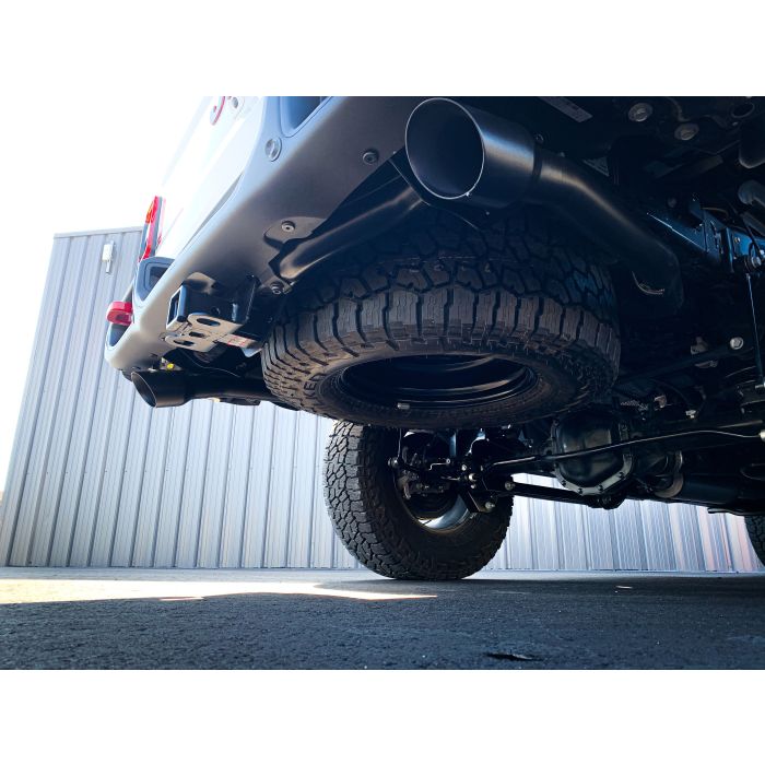 mbrp 2.5 inch dual rear exit catback gladiator jt black tips installed on Gladiator