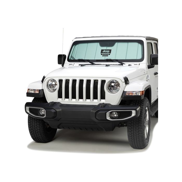 Covercraft UVS100 Custom Sunscreen with Jeep Grill logo - Silver - 2018-24 Jeep Wrangler JL/JLU and Gladiator JT
