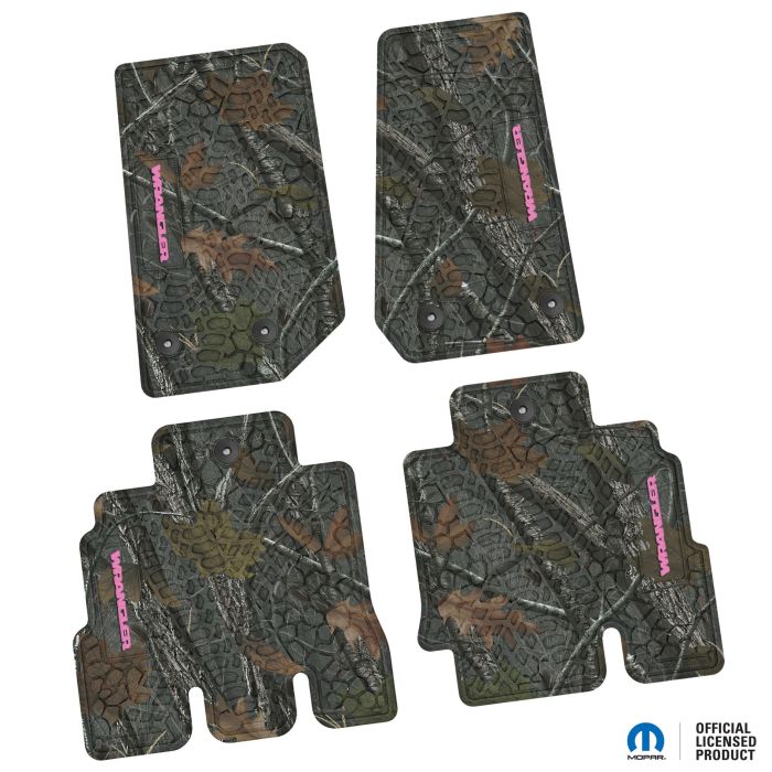 14-18 Jeep JKU 4 Dr Front and Rear -Tire Tread/Scorched Earth Scene w/ Wrangler Insert - Rugged Woods w/ Pink insert