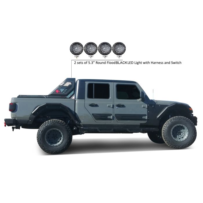 Black Horse Off Road  Vigor Roll Bar with 5.3" Round LED Lights for 20-23 Jeep Gladiator JT