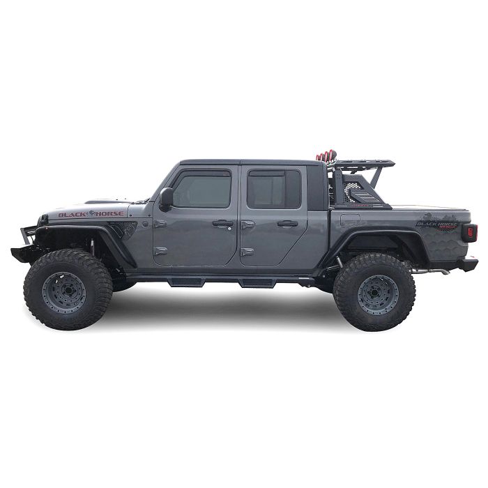 Black Horse Armour II Roll Bar W/Basket Kit & Red set of 5.3 Round Flood LED Lights 20-23 JT