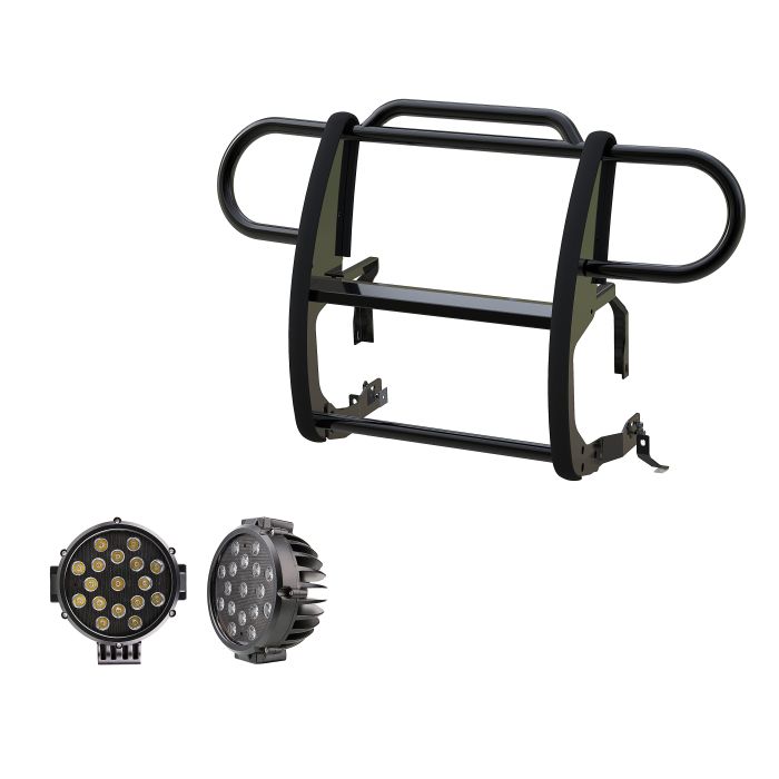 Black Horse Off Road  Grille Guard with Set of 7" Round LED Lights for 18-24 Jeep Wrangler JL & Gladiator JT