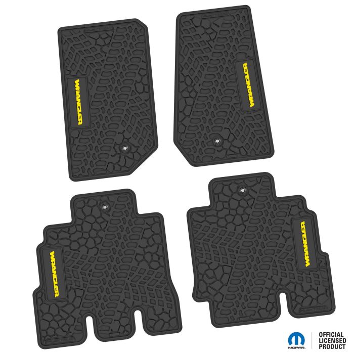 07-13 Jeep JKU 4 Dr Front and Rear -Tire Tread/Scorched Earth Scene w/ Wrangler Insert - Black w/ Yellow Insert