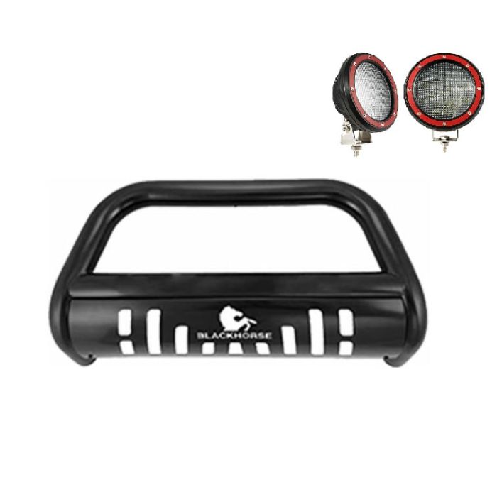 Black Horse Bull Bar Kit Black a set of 5.3” Red Round Flood LED Lights 18-23 JL/JT