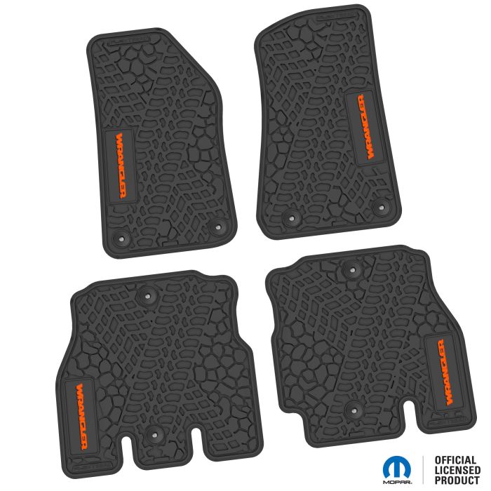 18-24 Jeep JLU 4 Dr Front and Rear -Tire Tread/Scorched Earth Scene w/ Wrangler Insert - Rugged Woods w/ Orange insert