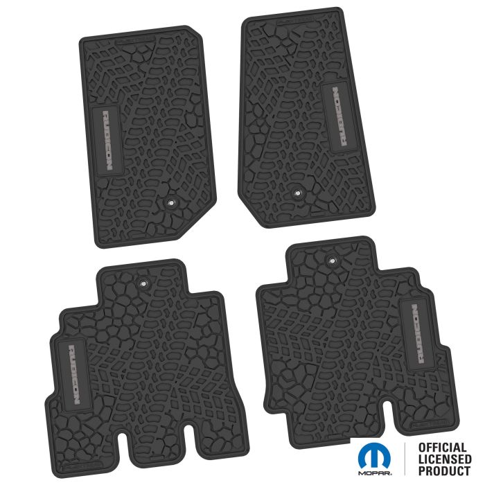 07-13 Jeep JKU 4 Dr Front and Rear -Tire Tread/Scorched Earth Scene w/ Rubicon Insert - Black w/ Silver Insert