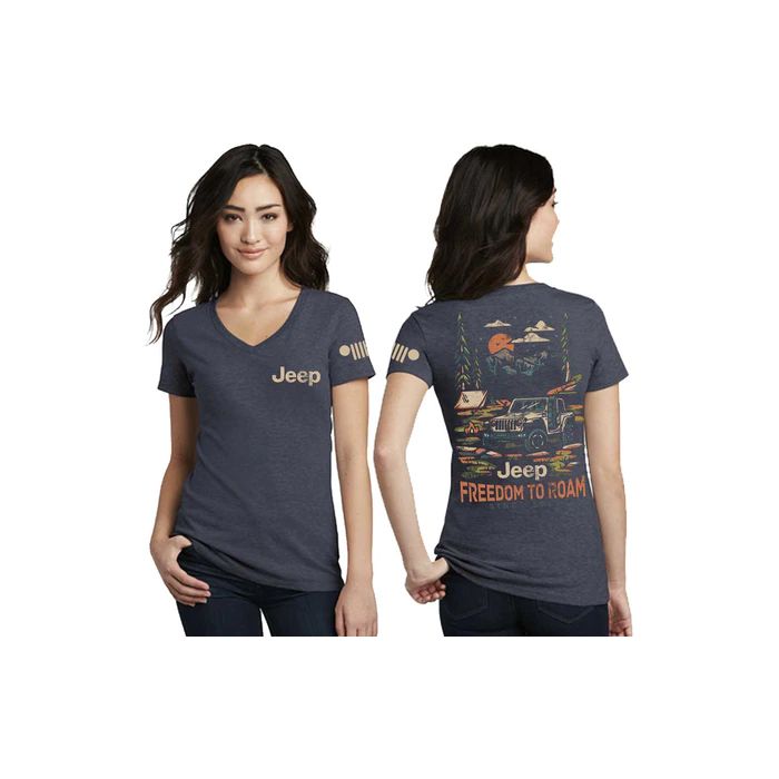 Jeep Merchandise  Ladies Freedom to Roam V-Neck T-Shirt in Navy Blue  