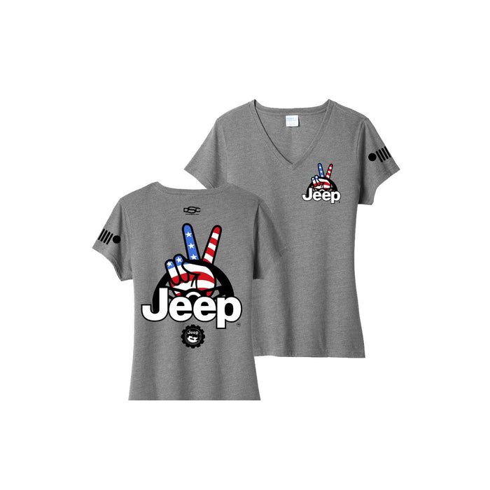 Jeep Merchandise  Ladies Jeep Wave USA V-Neck T-Shirt in Heather Grey  