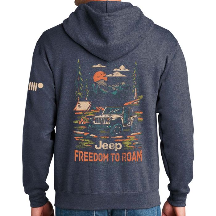 Jeep Merchandise  Mens Jeep Freedom To Roam Zip Hoodie Sweatshirt in Heather Navy Blue  