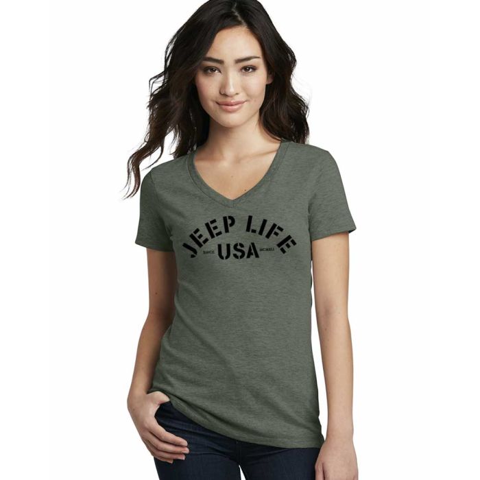 Jeep Merchandise  Ladies Jeep Life V-Neck in Military Green  