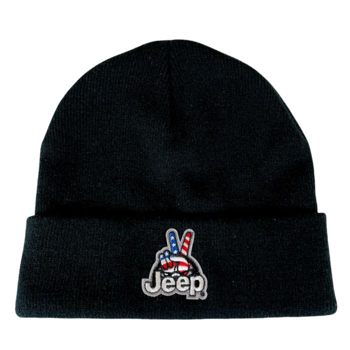 Jeep Merchandise KH-JWaveUSA-Blk Jeep Wave USA Patch Flip Knit Beanie Hat in Black 