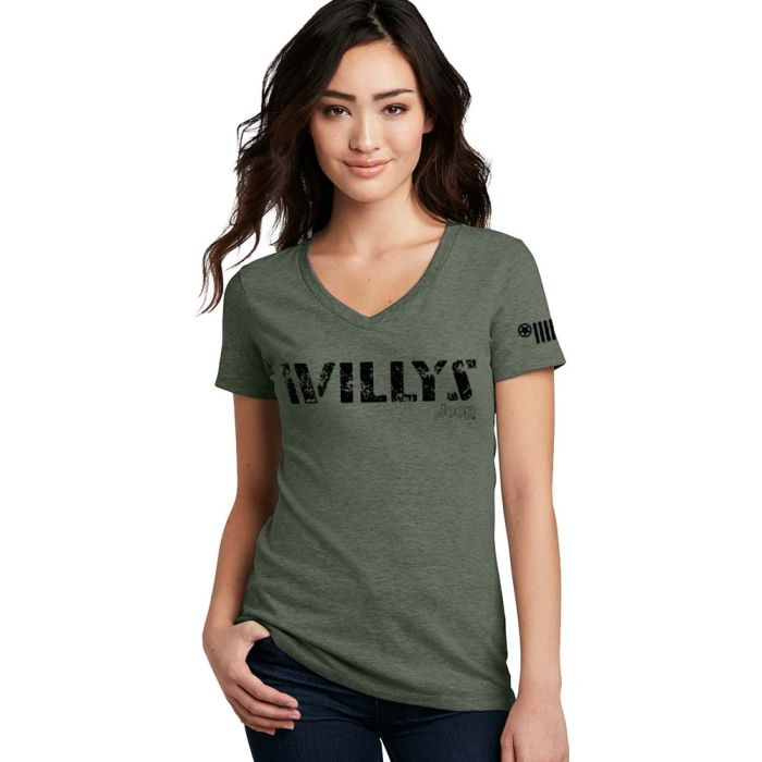 Jeep Merchandise  Ladies Jeep Willys Text V-neck in Heather Military Green 