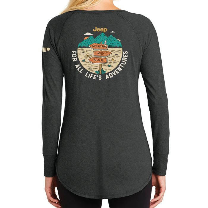 Jeep Merchandise  Ladies Jeep For All Life's Adventures Long Sleeve Tunic T-shirt in Heather Black  