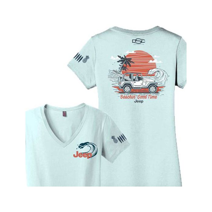 Jeep Merchandise  Women's Jeep Beachin' Good Time V- Neck T-Shirt in Seaglass Blue 
