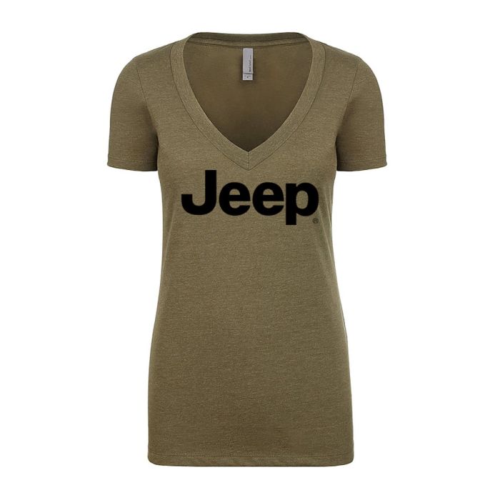 Jeep Merchandise  Women's Jeep Logo Short Sleeve V-Neck T-Shirt in Military Green 