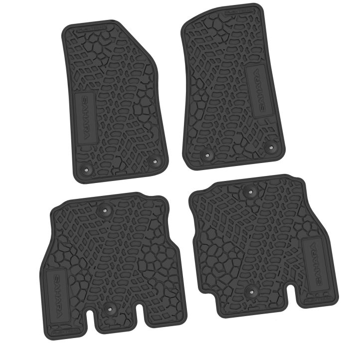 FlexTread  Tire Tread/Scorched Earth Scene Front & Rear Floor Liners with SAHARA Logo for 18-24 Jeep Wrangler JL Unlimited 4-Door