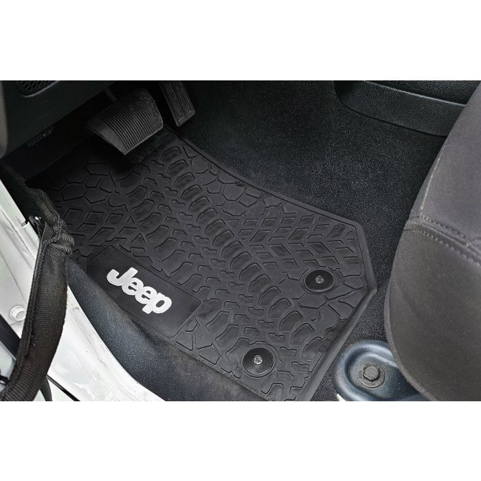 FlexTread  Tire Tread/Scorched Earth Scene Front & Rear Floor Liners with JEEP Logo for 07-18 Jeep Wrangler JK Unlimited 4-Door
