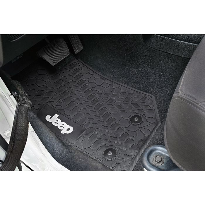 FlexTread  Tire Tread/Scorched Earth Scene Front Floor Liners with JEEP Logo for 07-18 Jeep Wrangler JK